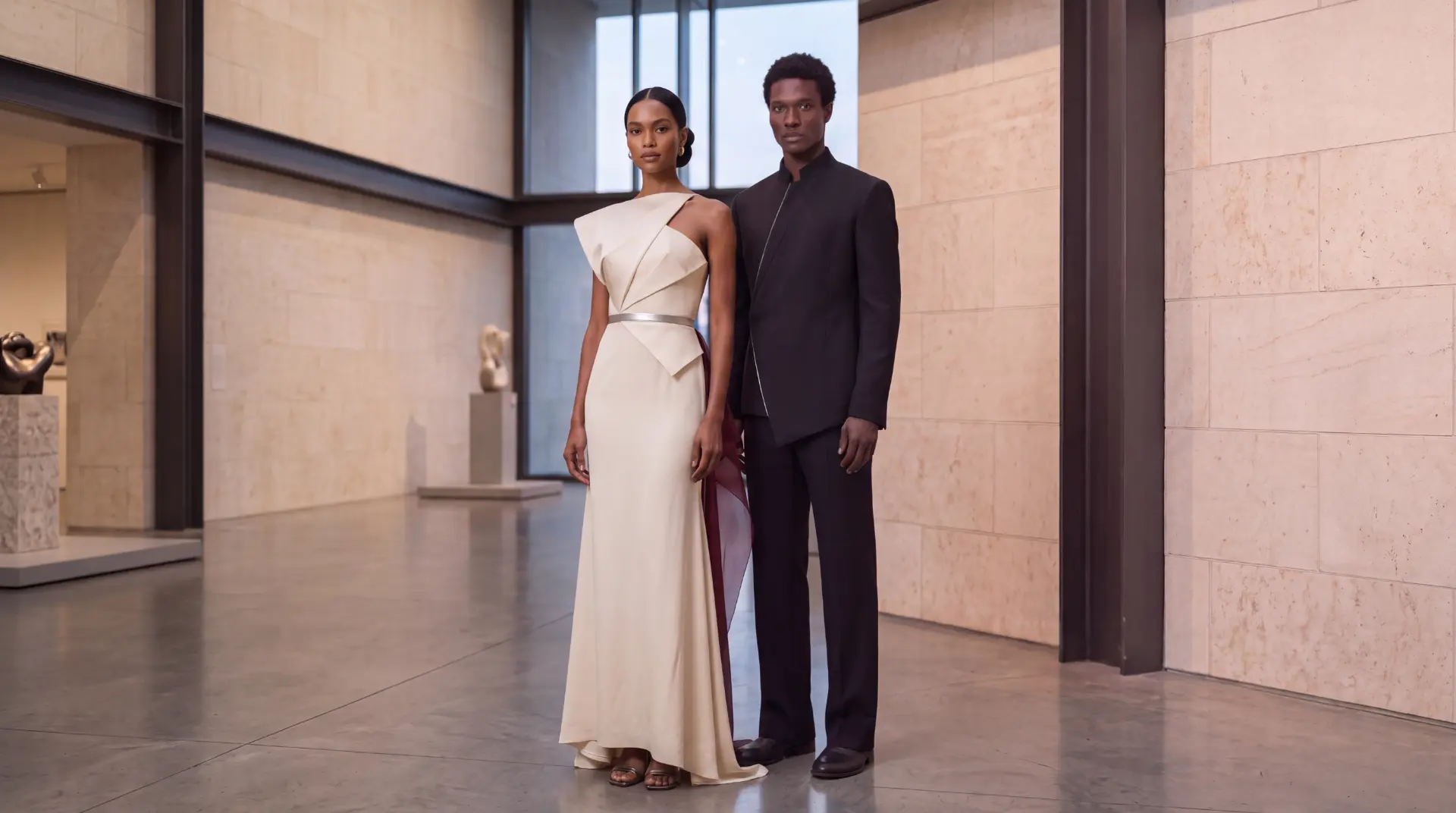 Two models in a limestone gallery: an ivory folded gown with burgundy panel beside black stand-collar tailoring