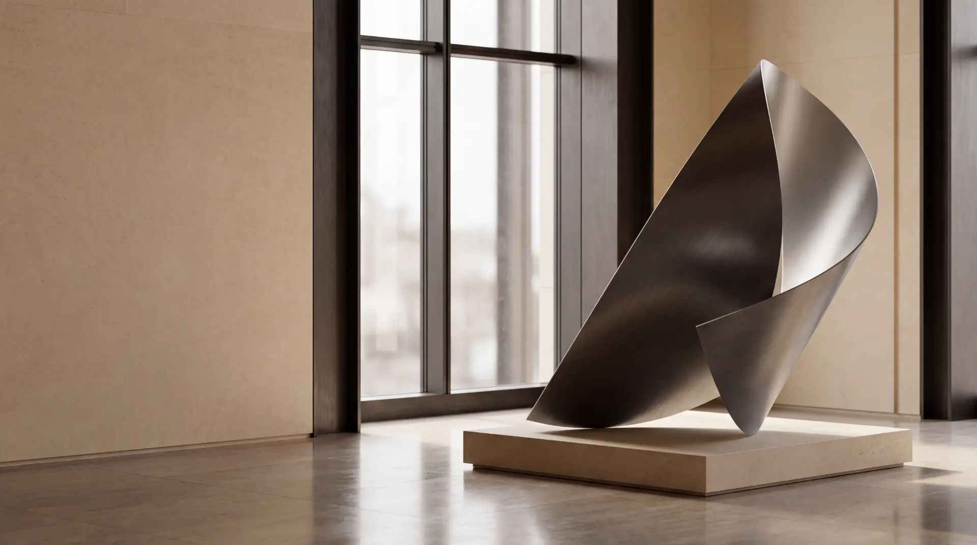 Folded brushed-metal sculpture on a limestone plinth in a daylit gallery