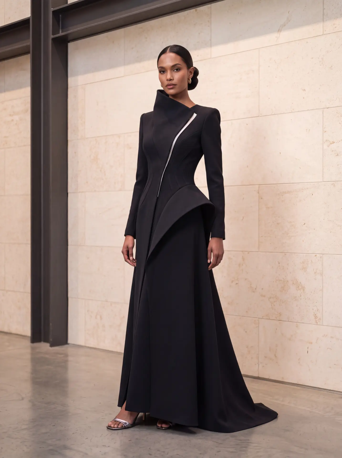 Black architectural coat gown with high folded collar, curved silver seam accent and sweeping hem