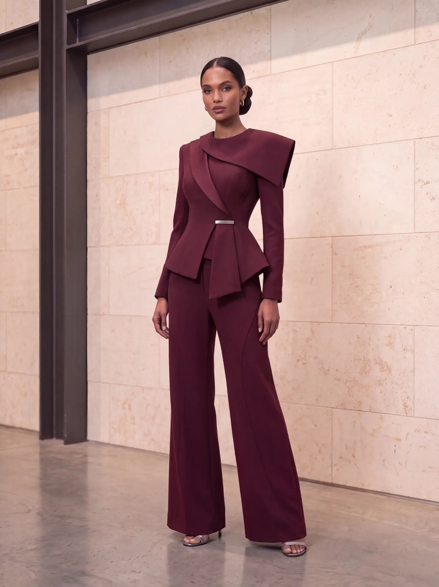 Burgundy sculptural jacket with draped shoulder panel, silver waist clasp and wide-leg trousers