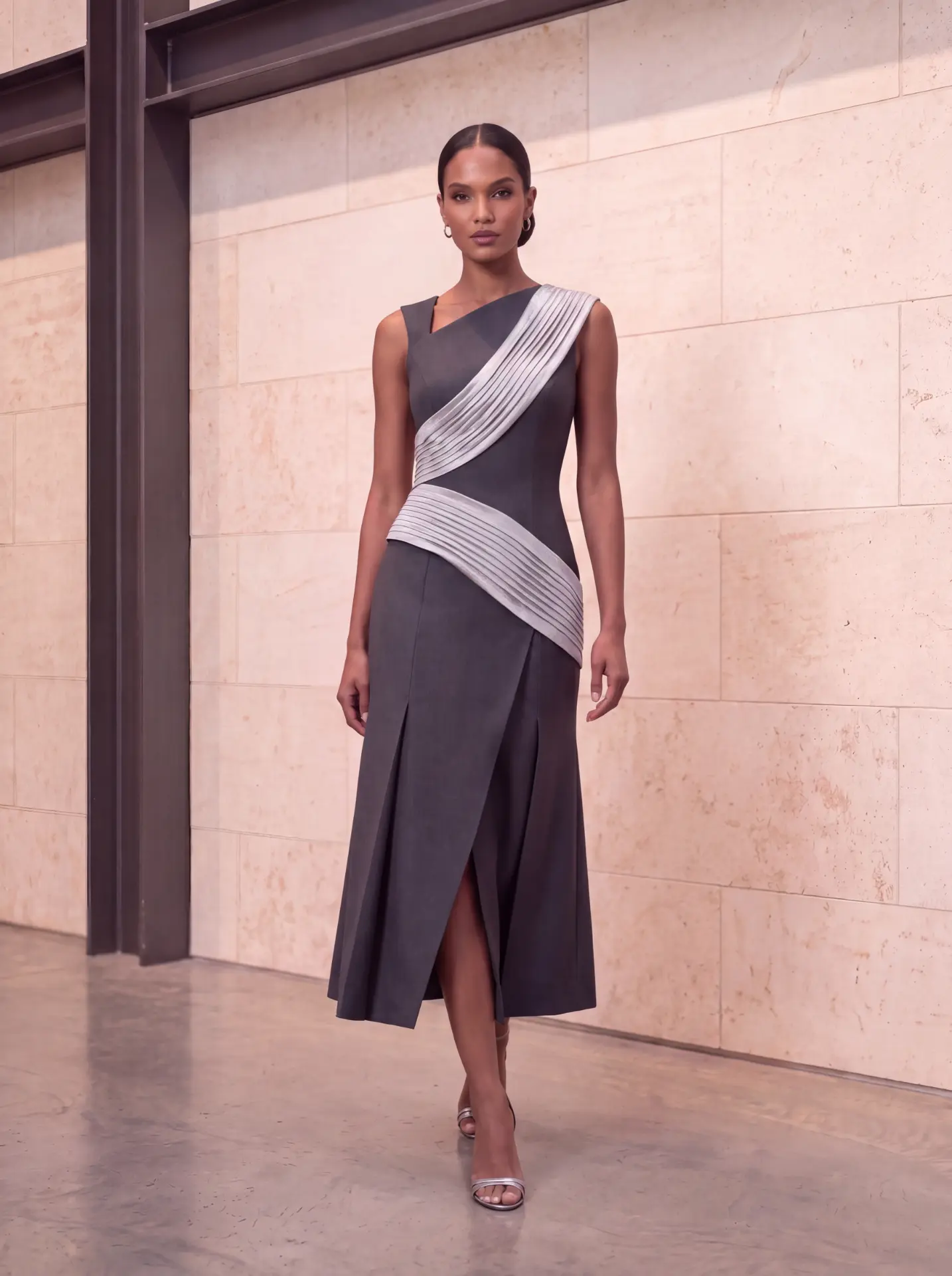 Graphite midi dress wrapped with diagonal silver pleated bands and a front pleat opening