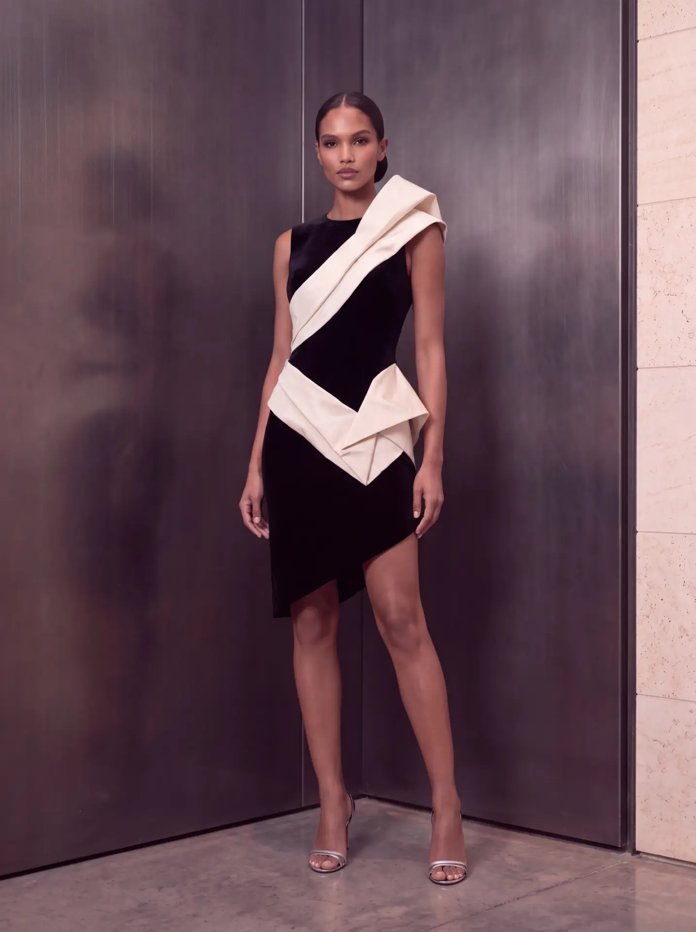 Short black dress with folded ivory panels across the shoulder and hip